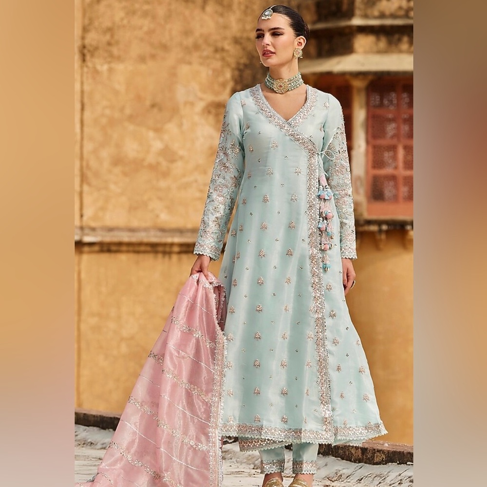 Pastel Blue Embroidered Long-Sleeve Salwar with Pink Dupatta